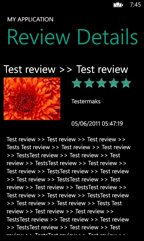 A review details page using the title, user nickname, data, image, and review text.